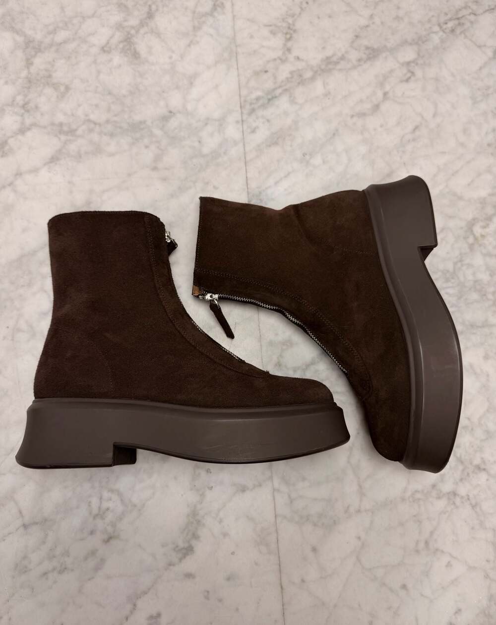 Steve Madden Jones Chocolate Brown Suede Profile Front Zip Platform Ankle Boots